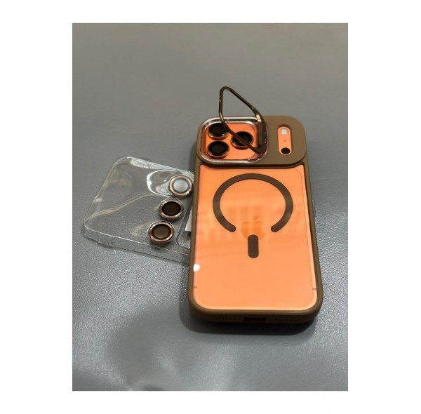 iPhone 17 Pro Uyumlu MagSafe Destekli Şeffaf Kılıf Lens Koruyucu Standlı Darbeye Dayanıklı Kapak