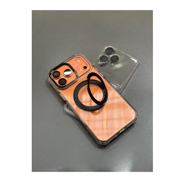 iPhone 17 Pro Max Uyumlu Şeffaf Silikon Kılıf Yüzük Standlı Safir Lens Koruyuculu Telefon Kabı
